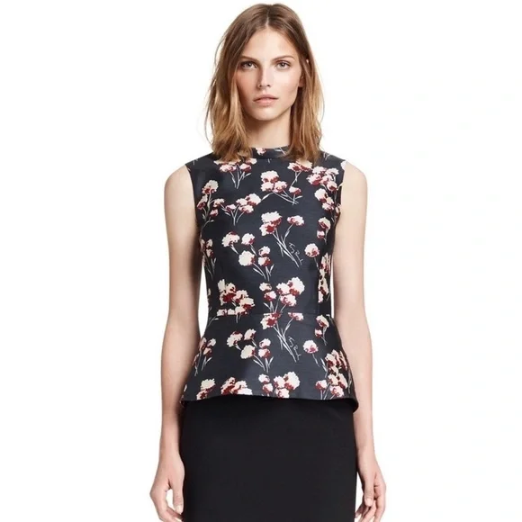 Tory Burch Kelly Floral Peplum Sleeveless Top Blouse Petrol Gray Field Flowers 4 - Picture 2 of 10